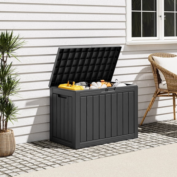 Nihsuao 45 Gallon Resin Deck Box, Lockable Patio Outdoor Storage Box for Furniture, Garden Tools and Tools Storage, Weather - resistant, Black Wood Grain