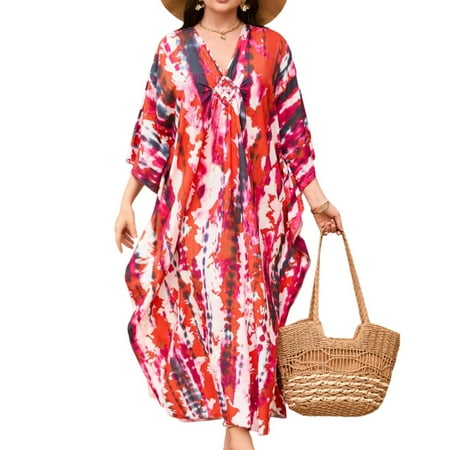 WTOBBY Women s Floral Pool Cover  Colorful Free Size Bikini Beach Dress Sun Protective Loose Robe for Vacation Resort Lounging and Swimwear Cover Up Red