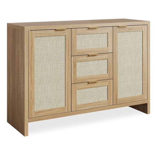 47" Modern Buffet Cabinet Sideboard, Boho Rattan Credenza Console Table with Drawers & Doors for Entryway, Living Room