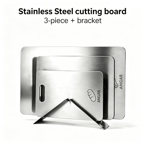 ANGAR Stainless Steel Cutting Board Set, 3 Pieces Metal Chopping Boards with Storage Bracket for Kitchen, Meat Vegetable Fruit Dough