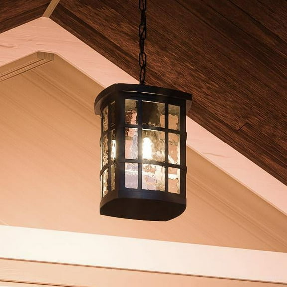 Urban Ambiance Luxury Craftsman Outdoor Pendant Light, Medium Size: 15"H x 9.5"W, with Tudor Style Elements, Highly-Detailed Design, High-End Black Silk Finish and Water Glass, UQL1250