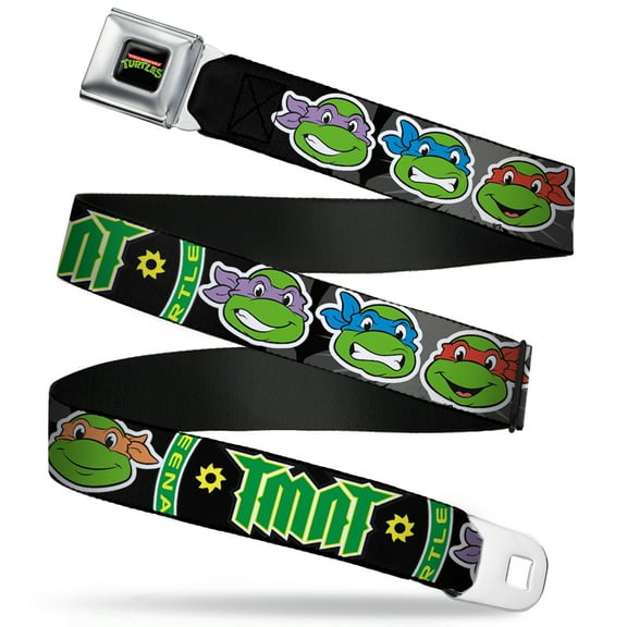 Nickelodeon Belt, Seatbelt Buckle Belt, Ninja Turtles Group Faces TMNT Ninja Star Black Green, 30 to 44 Inches