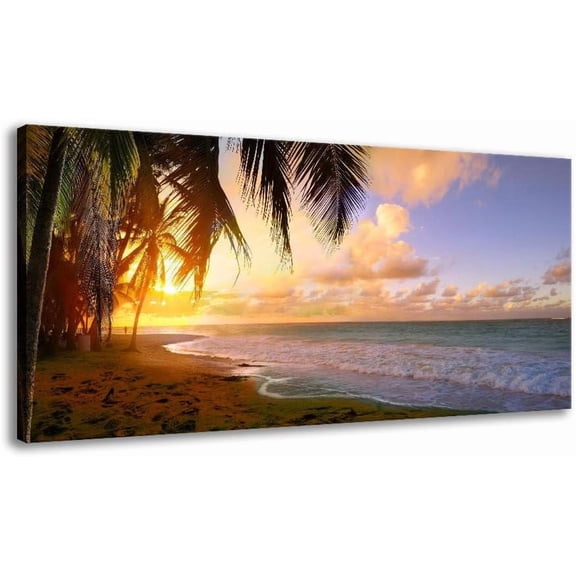 VELVET Beach Sunrise Canvas Wall Art for Bedroom Tropical Palm Tree Summer Ocean Waves Coconut Trees Sunset Seascape Scenery Patg Nature Picture for Livg Room Bathroom Office Decor 10x8inch Unframed