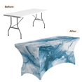 thumbnail image 2 of Xoenoiee Outdoor Tablecloth for 6FT Folding Tables Rectangular Table Cover Protector Washable Polyester Stretch Kitchen Tablecloth Table Skirt, 72L x 30W x 30H Inch, Blue White Marble, 2 of 7