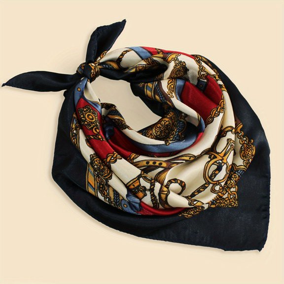 19.7 Inch Vintage Chain Print Square Scarf, Elegant Satin Bandana, Classic Lightweight Neckerchief for Women, Versatile Neck & Head Fashion Accessory
