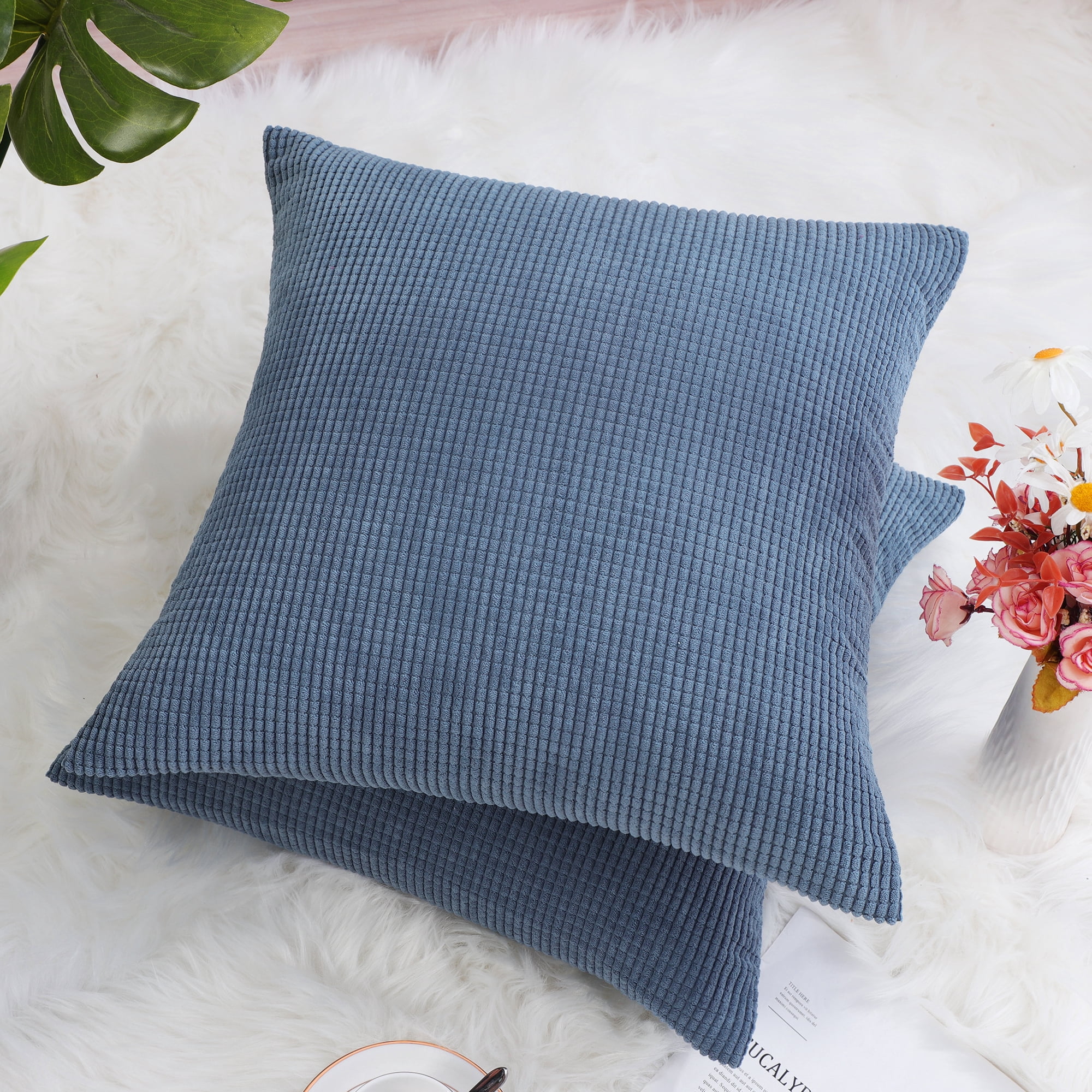 Unique Bargains 2-pcs Corduroy Decorative Throw Pillow Covers Teal Blue 20"x20"