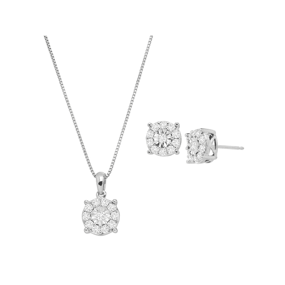 Women's Finecraft 1 cttw Diamond Halo Wheel Pendant & Earring Set in Sterling Silver