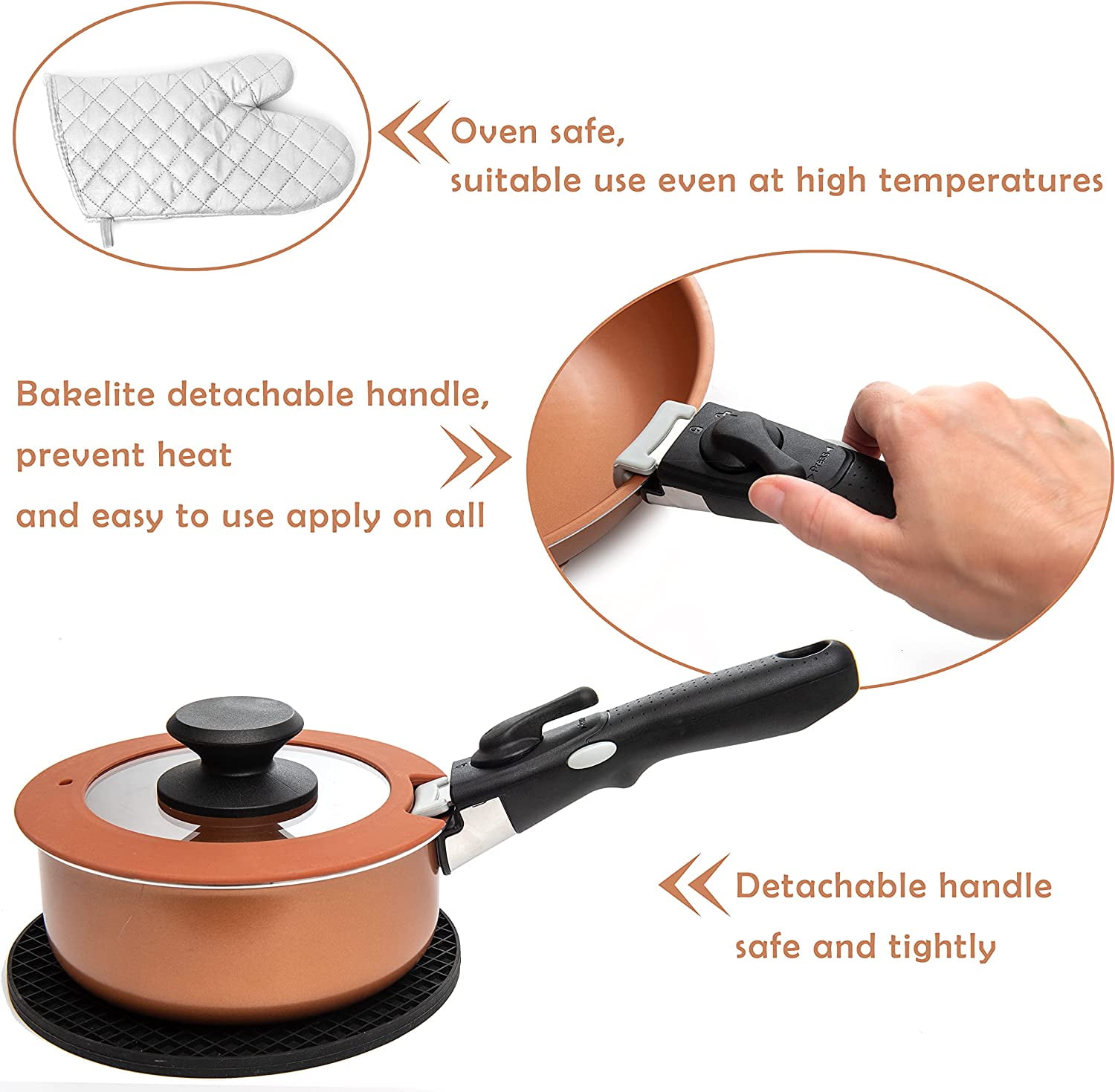 Moss & Stone Copper Pots And Pans Set Nonstick, Removable Handle Cookware, Stackable Pots And Pans Set, Dishwasher safe, Induction Pots And Pans, Camping Cookware Set, Aluminum (7 Pcs)