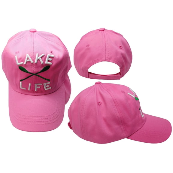 Lake Life Pink With Green Paddles Cotton Adjustable Embroidered Baseball Cap Hat