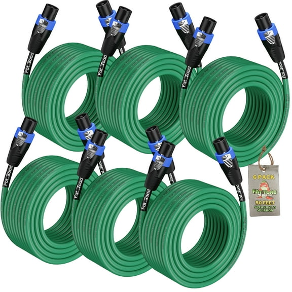 6 PACK - 50FT Speakon to Speakon Speaker Cables by Fat Toad Professional DJ Pro Audio Green PA Cords with Twist Lock Connector 12 AWG Wires for Impeccable Studio Recording & Performance Stage Gear