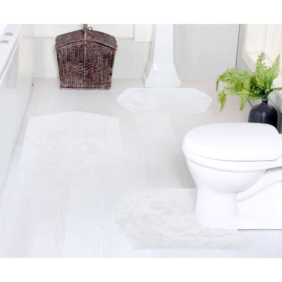 Home Weavers Waterford Collection 100% Cotton Non-Slip Bathroom Rug Set Machine Washable Bathroom Rug-17"x24", Bath Rug- 21"x34", U Shaped Contour- 20"x20", White Color 3 Piece Bath Rug set