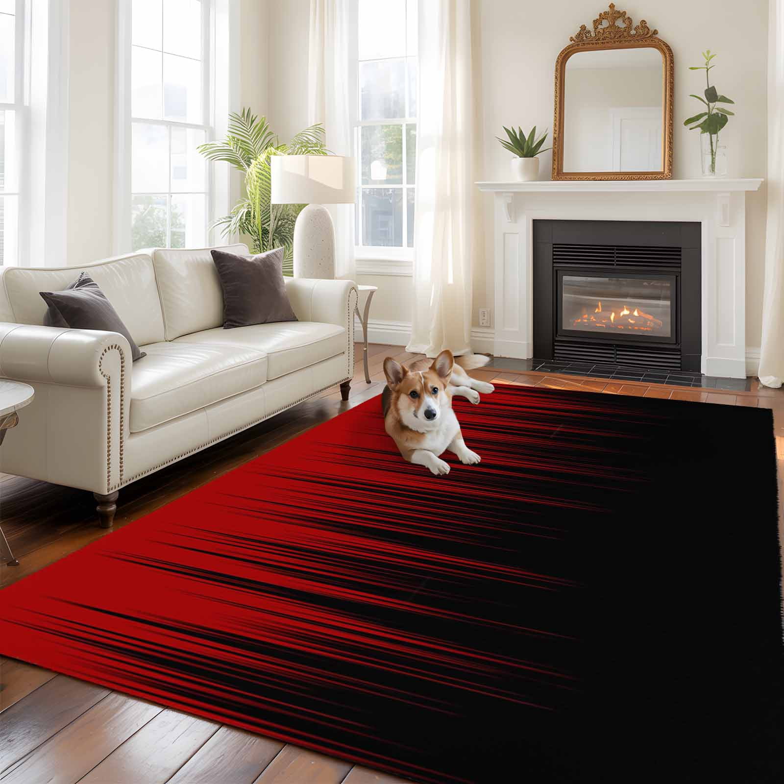 Rectangle Area Rugs 5 x 7 Ft, Dark Red Black Ombre Non-Slip Residential Carpet, Modern Abstract Art Striped Gradient Indoor Crawling Mats Runner Rugs for Living Room/Dining Room/Bedroom
