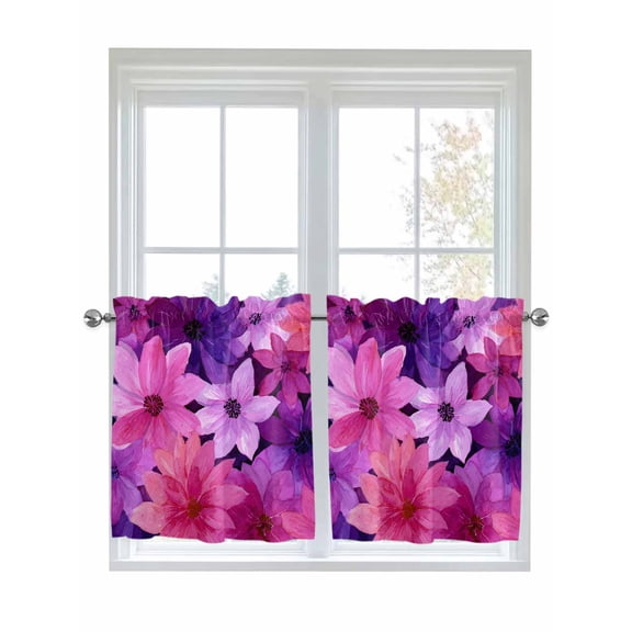 Watercolor Flowers 2 Panel Kitchen Curtains for Small Windows, Spring Floral Country Pink Purple Bathroom Tier Curtain, Short Window Treatment for Bedroom/Living Room 55"x36"