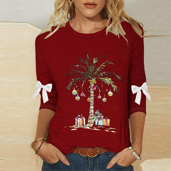 Women's Plus Size Christmas Round Neck Three-Quarter Sleeve Casual Loose Blouse