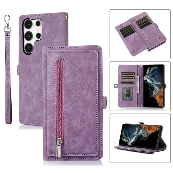 ELEHOLD Zipper Wallet Crossbody Case for Samsung Galaxy S24 Ultra PU Leather Crossbody Shoulder Carrying Purse Case with Card Slots Kickstand Magnetic Protective Case for Samsung S24 Ultra,Purple