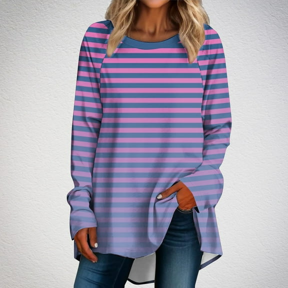 CLOISE Womens Shirts Fall Trendy Striped Tees Crewneck Long Sleeve Raglan Tops Soft Colorblock Shirts Elegant Outfits Hot Pink XL