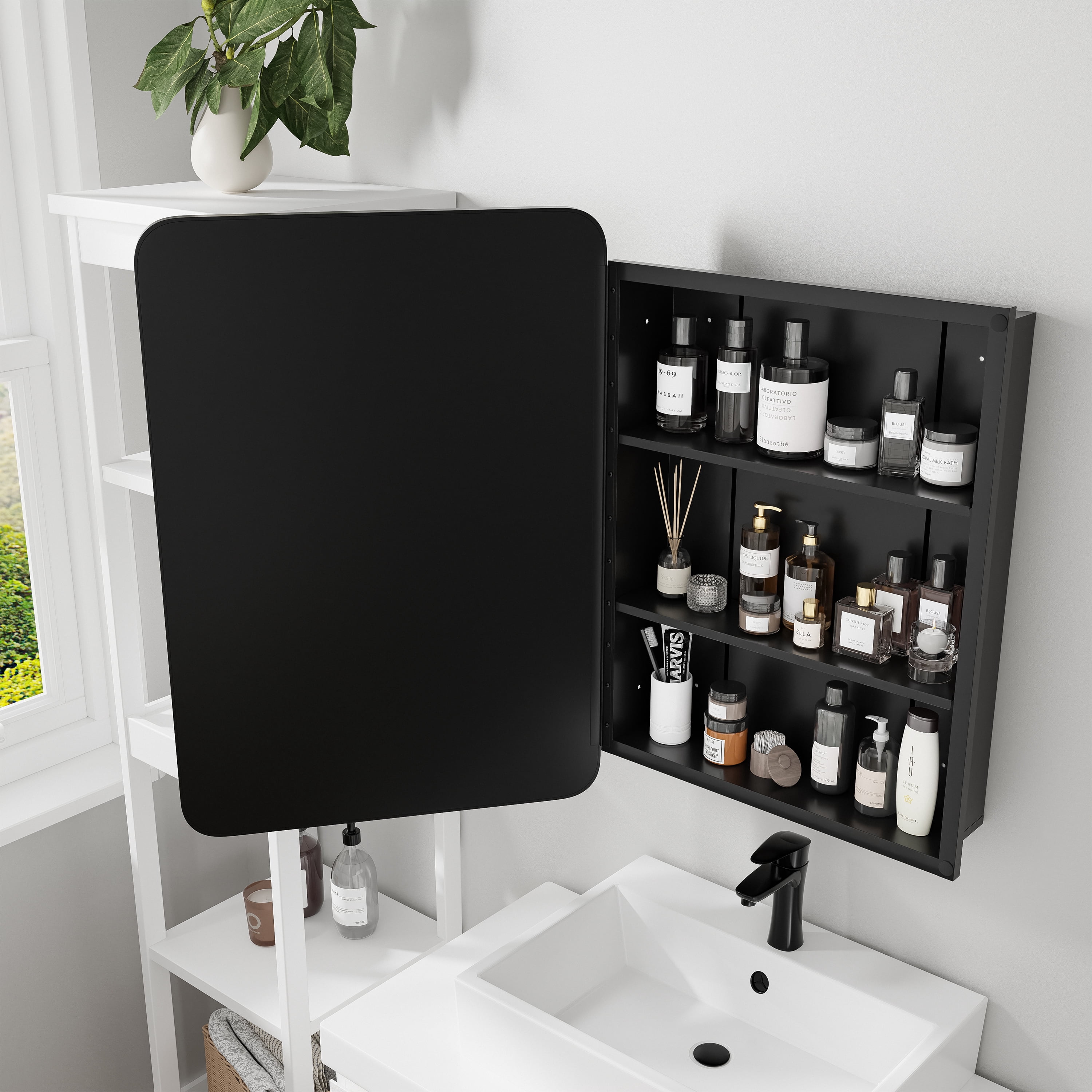 28"x20" Rectangle Recessed/Surface Mount Medicine Cabinet with Mirror,Black