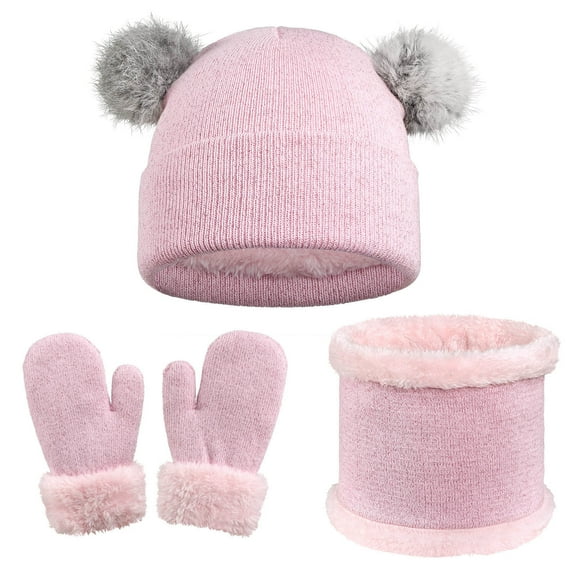 Cethrio Kids Girls Beanies & Mittens & Scarves Sets, Knitted Thermal Winter Hats, Gloves and Scarves Sets Pink Size 6-13 T