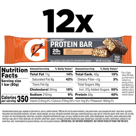 GATORADE PROTEIN BARS, S’MORES, 20G PROTEIN, 2.8 OZ BARS, 12 PACK