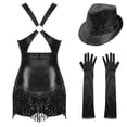 thumbnail image 2 of TiaoBug Women Sequins Tassel Latin Dance Dress Leotard Ballroom Dance Tops with Gloves Hat Dance Outfit B Black M, 2 of 7
