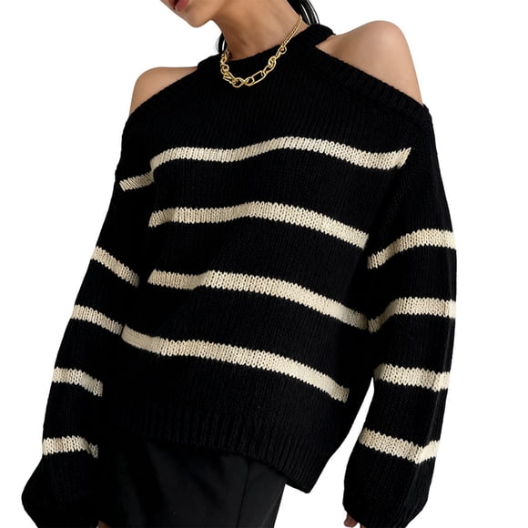 Chandails en Tricot à Enfiler pour Femmes Coupe Ample à Rayures Manches Longues Décontractés Hauts de Mode d'Automne Aguichant Épaules Dénudées Noir Taille Unique