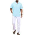 thumbnail image 2 of Men's Henley Shirt Solid Color Stand Collar Short Sleeve Linen Shirt XL Light Blue, 2 of 5