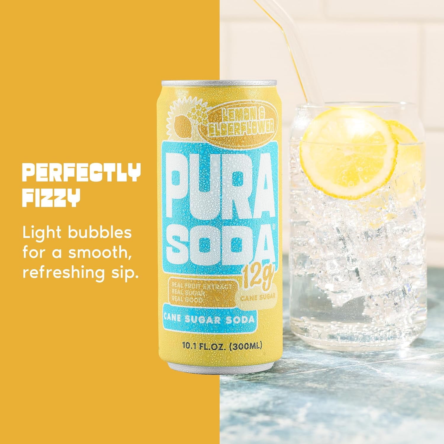 PuraSoda® Lemon & Elderflower | Low-Calorie, Cane Sugar Soda Beverage | Non-GMO, Vegan | Made with Pure Cane Sugar, No Preservatives | 10.1 fl oz (300ml) Cans, 24-Pack