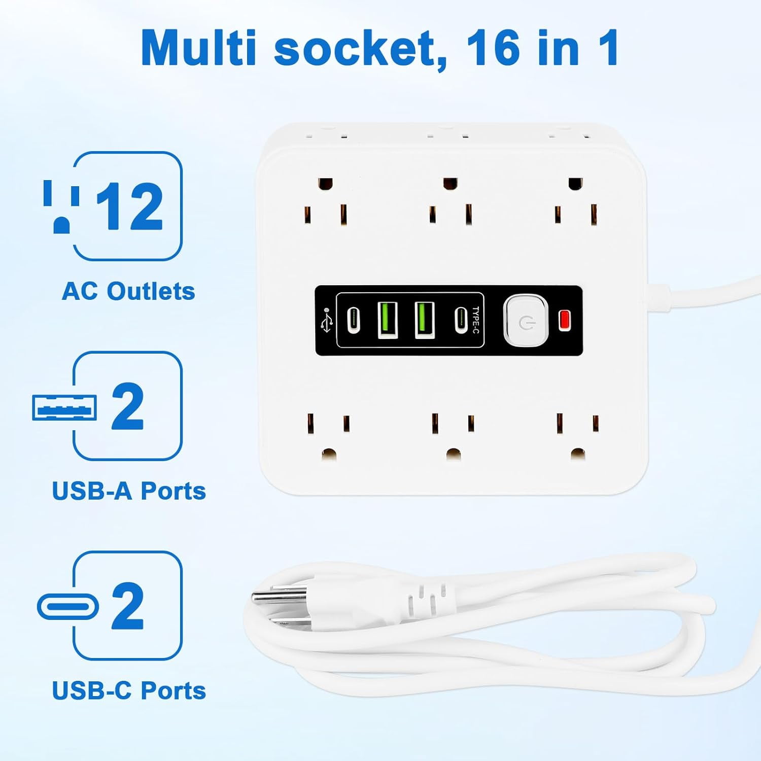 16-in-1 Power Strip with Switch & Surge Protection, 6.5FT Flat Plug Power Strip Surge Protector with 12 Outlets 2 USB & 2 Type-C Ports for Home Office