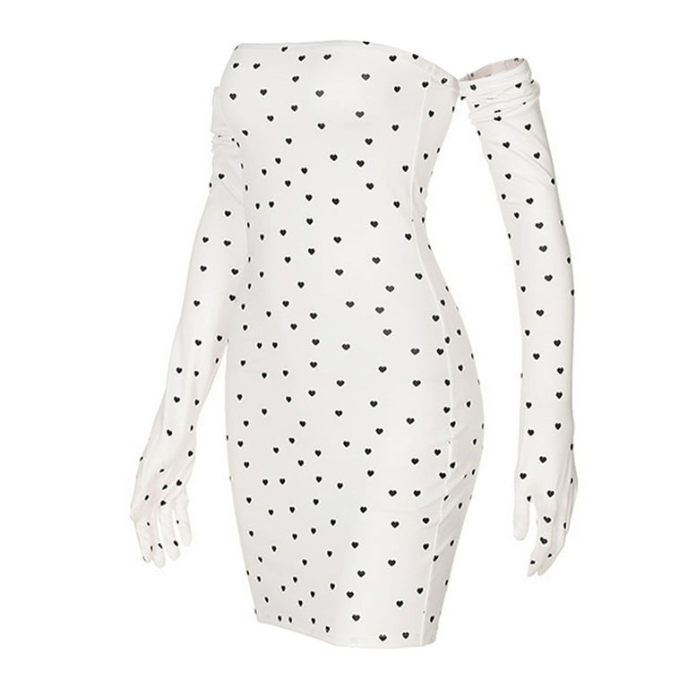 CBGELRT Black Heart Print Bodycon Dress 1 Pair Long Sleeve Gloves Womens Nightclub Mini Dresses Strapless Birthday Party Dress White M