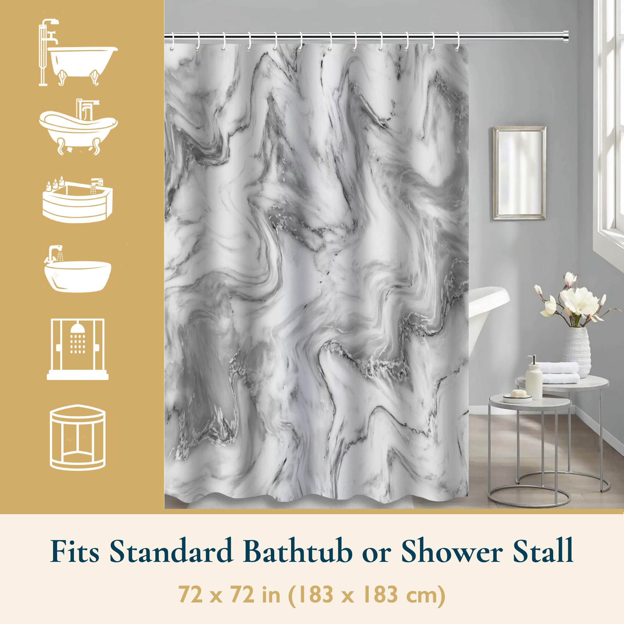 ComfiTime Marble Shower Curtain, Gray, 72x72", With Hooks photo 8