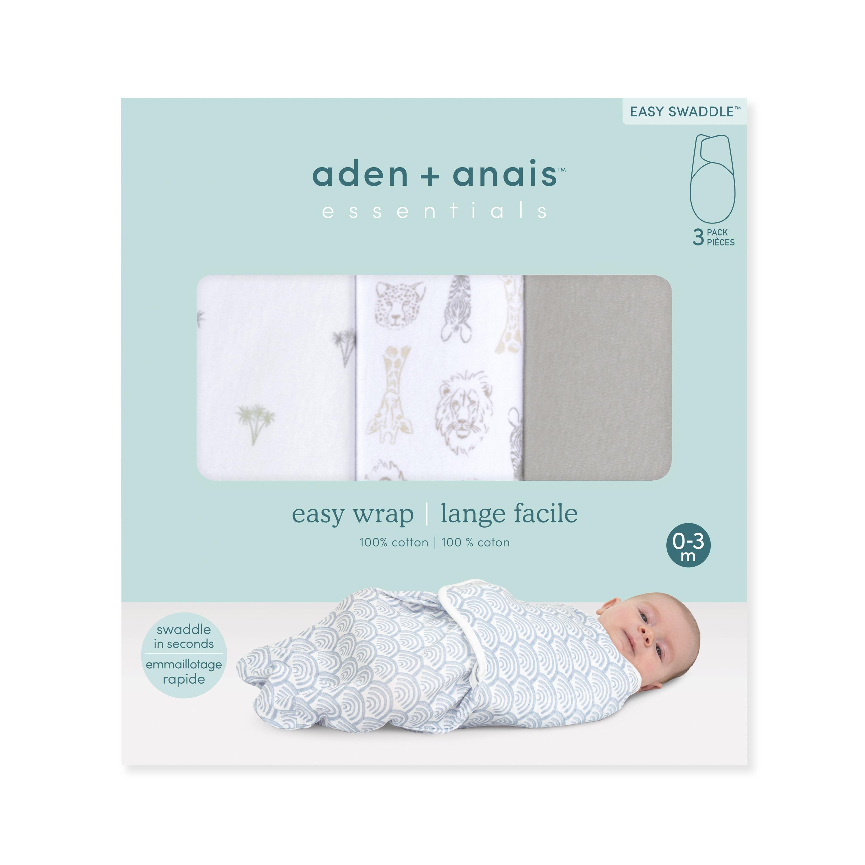 aden + anais Essentials No Zip Wrap Swaddles, On Safari, Grey, Unisex, Neworn, 0-3 Months, 3-Pack