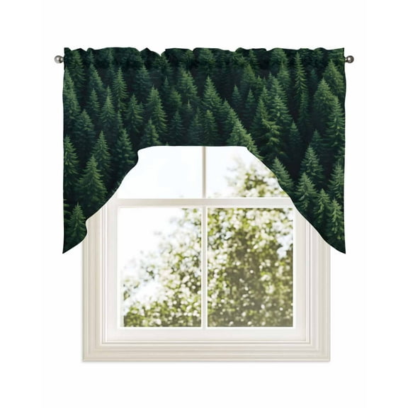 Green Forest Kitchen Curtains Swag Valance for Windows/Bathroom/Cafe, Modern Pine Trees Mysterious Art Rod Pocket Drape Panel Swag Curtains Valance for Bedroom/Living Room 56"x36"