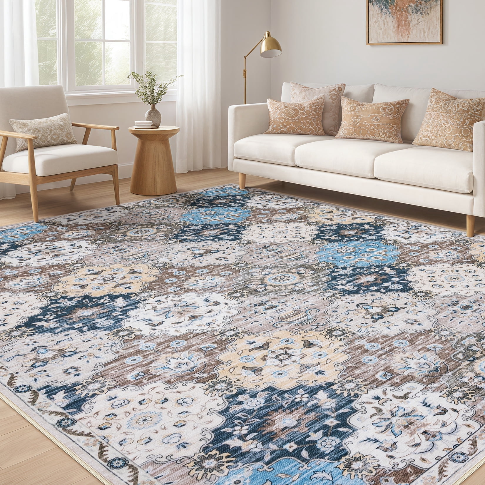 Toyoso 8x10 Area Rug Living Room Rugs - Washable Vintage Floral Soft Thin Large Rug Indoor Floor No Slip Rug Carpet for Bedroom Under Dining Table Home Office Decor - Multi Blue