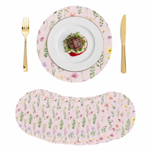 Pink Spring Floral Round 15 Inch Placemats Set of 8, Flowers Botanical Elegant Pastoral HeatResistant Non Slip Place Mats for Dining Table, Wipeable Braided Kitchen Table Mats for Housewarming