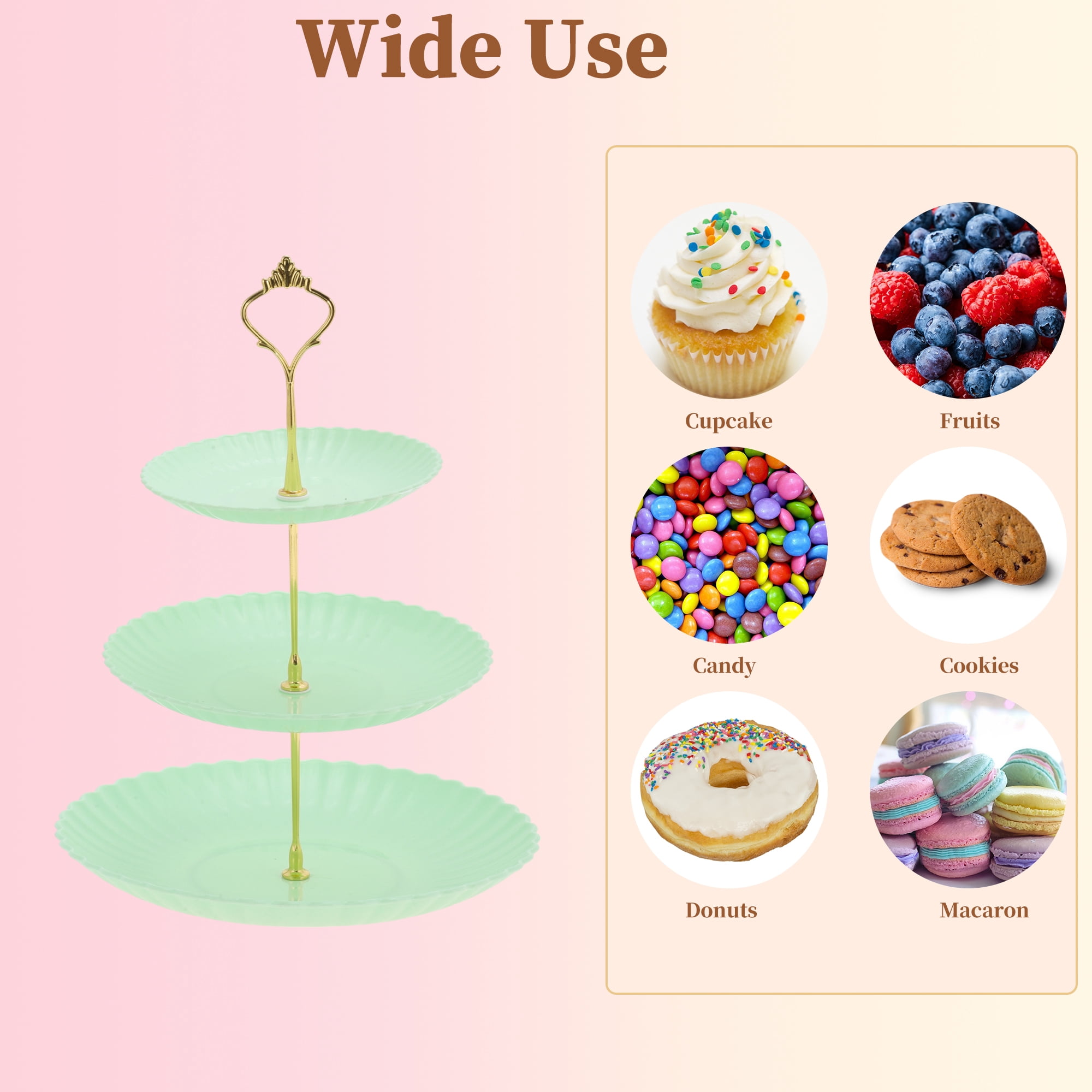 Unique Bargains 3 Tier Dessert Cupcake Stand Holder Wave Style Green Gold Tone