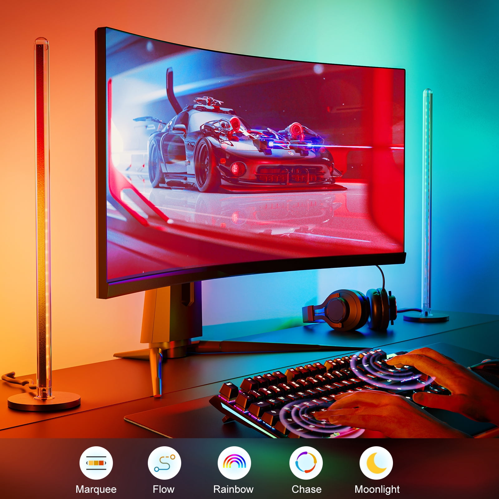 RGB Smart LED Gaming Lights Ambient Lighting, 16.5ft LED Lightbar and 8.2ft LED Strip, Music Sync, Software Control, Compatible with Max. 34 Inch Monitor