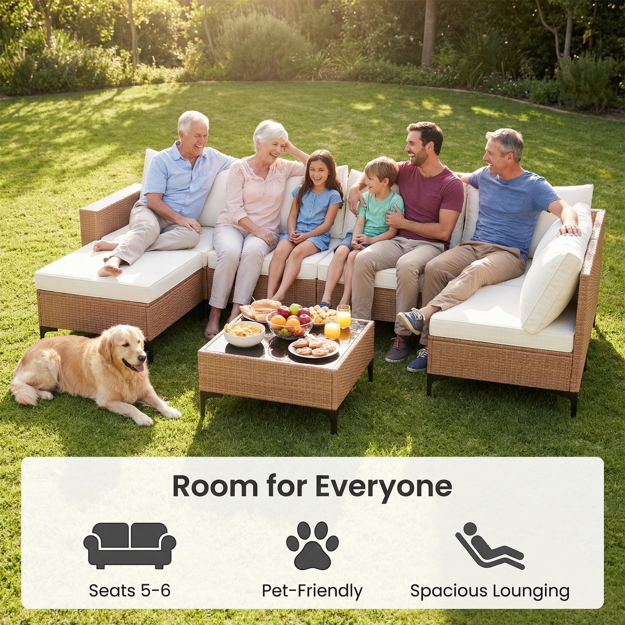 LAZZO 7-Piece Outdoor Conversation Set, Wicker Patio Furniture with Cushions and Coffee Table, Beige