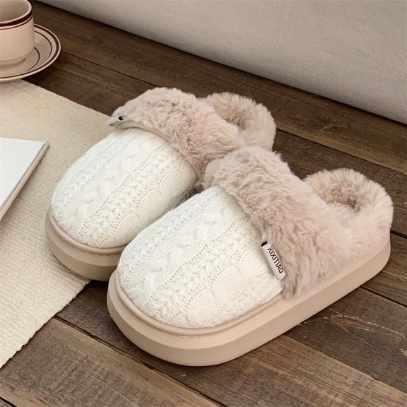 ZELAND Women's Retro Cable Knit Plush Slippers: Cozy Sweater-Style Winter House Shoes, Fuzzy Fleece-Lined Warm Bedroom Booties, Anti-Slip Indoor Outdoor Cotton Loafers, Comfortable Holiday Gift