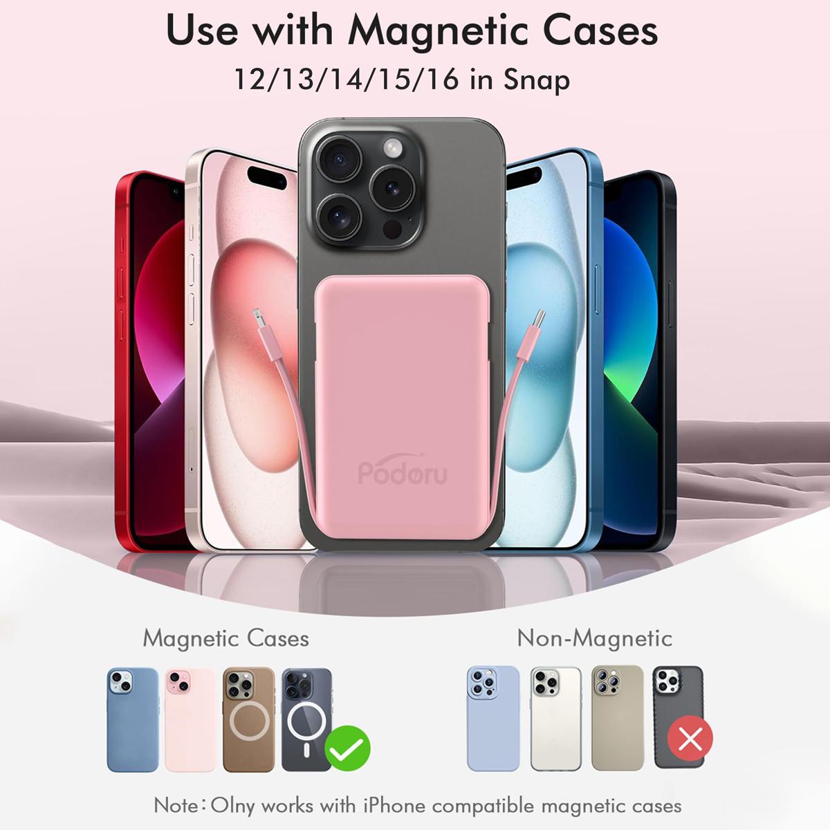 Podoru Wireless Portable Charger, 10000mAh Magnetic Power Bank Built-in USB C Lighting Cables 22.5W PD Fast Charging LED Display Battery Pack for for iPhone 16/15/14/13/12 - Pink