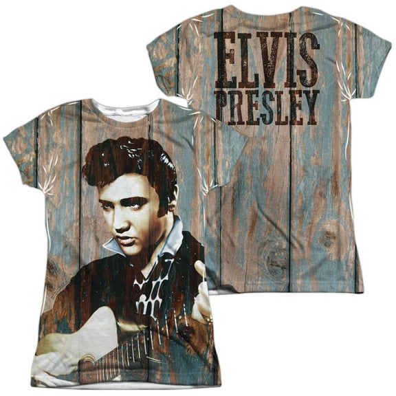 Elvis Presley Woodgrain (Front/Back Print) Junior Women's Sublimated Crew T-Shirt White