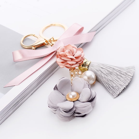 HOMEMAXS Fashion Rose Flowers Keychain Key Chain Pearl Bow Chain Tassel Key Ring Bag Pendant Handbag Jewelry Gifts (Pink)