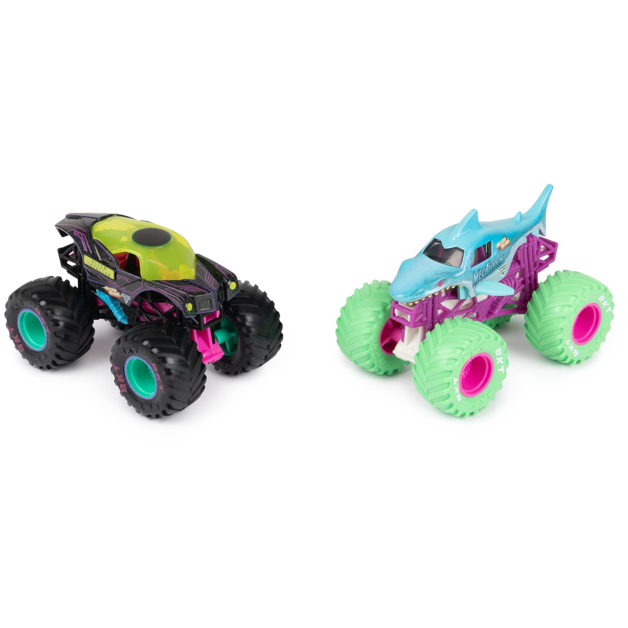 Monster Jam, 2-Pack Neon 1:64 Nitro Monster Trucks, Alien Invasion Vs. Megalodon