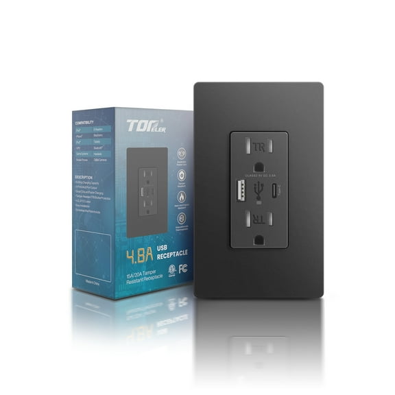 TOPELER Charger Wall Outlet, USB Receptacle with Type A & Type C USB Ports, 4.8A 15 Amp Duplex Tamper Resistant Receptacle, Screwless Wall Plate Included, ETL Listed & FCC Approval