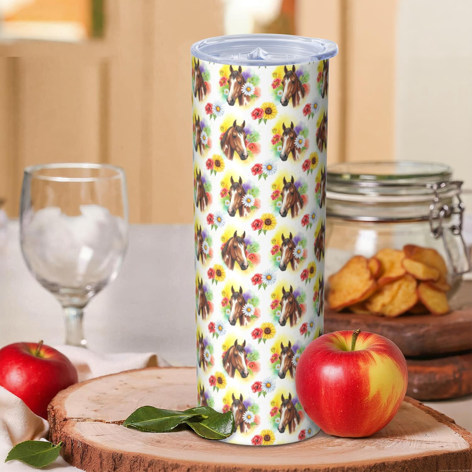 20oz Stainless Steel Skinny Tumbler, Double Wall Travel Mug with Lid and Straw,Horse Floral Head Colorful Pattern