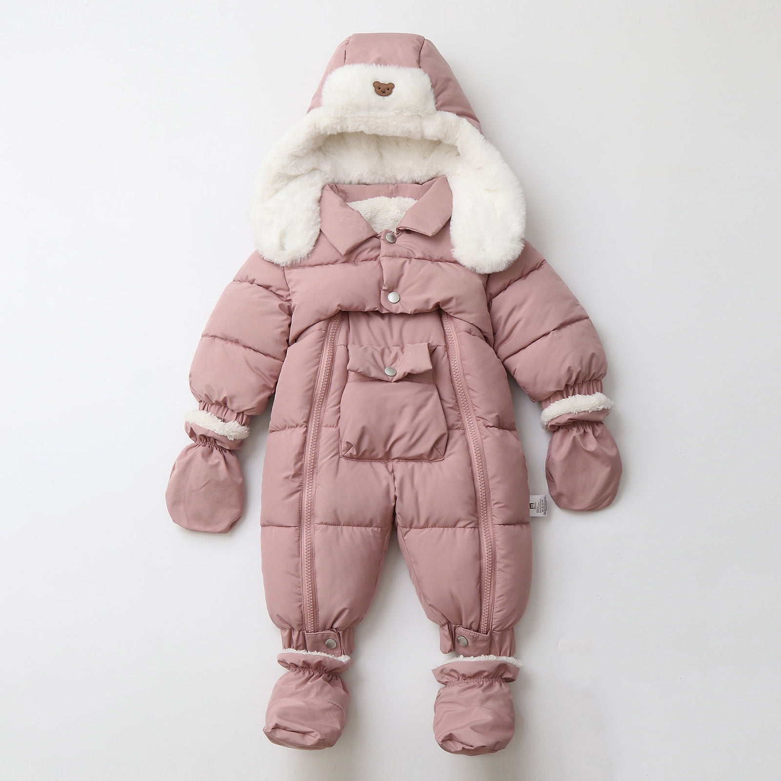 Winter Warm Bodysuit Solid Cute Bear Hooded Puffer Romper Boys Girls Snowsuit One Piece Jumpsuit