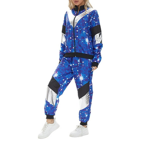 Perfectbot 80s Retro Disco 2 Piece Sportswear Set for Women - Hip-Hop Windbreaker Jacket & Pants Track Suit
