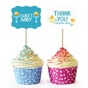 Inkdotpot Blue Baby Cot Gender Reveal Baby Shower Party Collection, Pre-Assembled Double Sided Cupcake Topper Food Picks DIY Party Favors Kit, Pack of 30