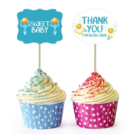 Inkdotpot Blue Baby Cot Gender Reveal Baby Shower Party Collection, Pre-Assembled Double Sided Cupcake Topper Food Picks DIY Party Favors Kit, Pack of 30