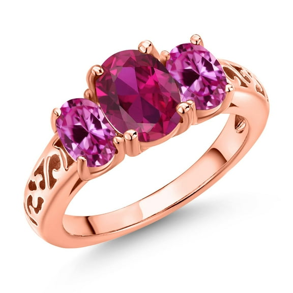Gem Stone King 18K Rose Gold Plated Silver Red Created Ruby and Pink Created Sapphire Filigree Style 3 Stone Ring for Women (2.35 Cttw, Oval 8X6MM and 6X4MM) (Size 5)