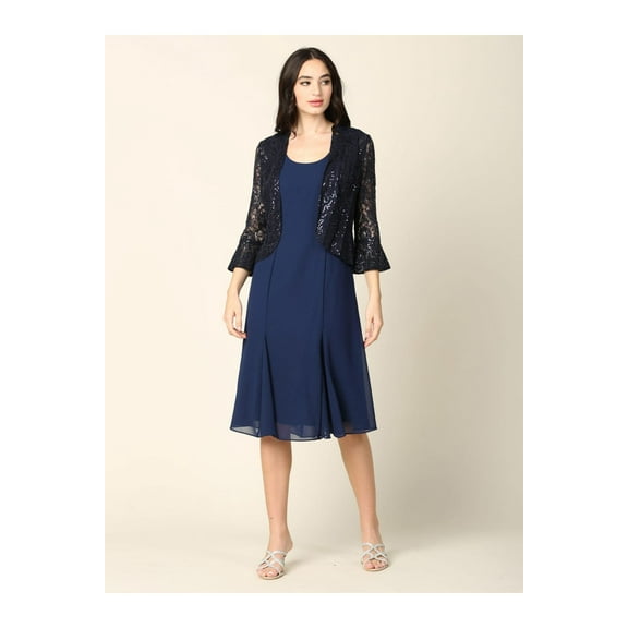 Women's Eva USA 3385 Short Mother Of Groom Two Piece Set Jacket Dress Navy Blue M